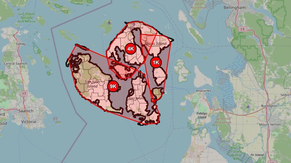 Nearly all customers in the San Juan Islands lost power Wednesday morning, affecting about 98% of the area. Officials said the outage was caused by a traffic incident on the mainland, and crews are assessing the damage. There is no estimated restoration time, and outages could last more than four hours.