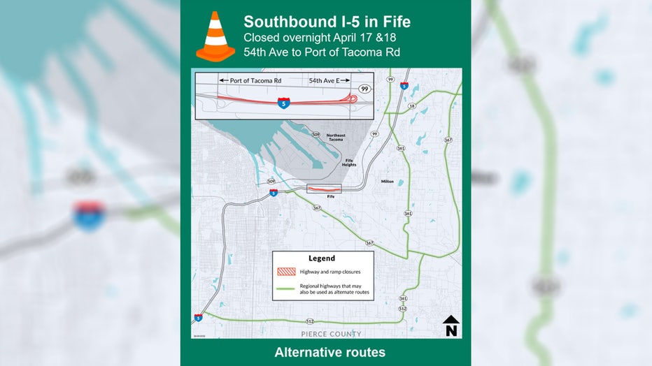 A portion of southbound I-5 will be closed overnight in Fife Friday and Saturday night, according to WSDOT. The Washington State Department of Transportation says the purpose of the closure is to install a new electronic sign and will need two nights to do it. Crews will close southbound I-5 from 54th Avenue to Port of Tacoma Road starting at 11 p.m. Friday night until 7:30 a.m. Saturday morning. Closures will resume Saturday night starting at 11 p.m. as well and lanes will reopen Sunday morning at 8:30 a.m. WSDOT says the closure will include the 54th Avenue ramps to southbound I-5.