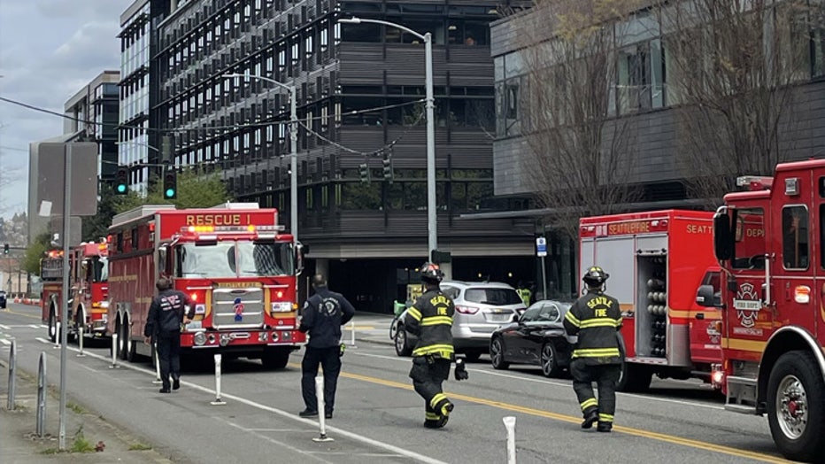 Firefighters are responding to a reported fire in a high-rise building in South Lake Union on Friday morning.