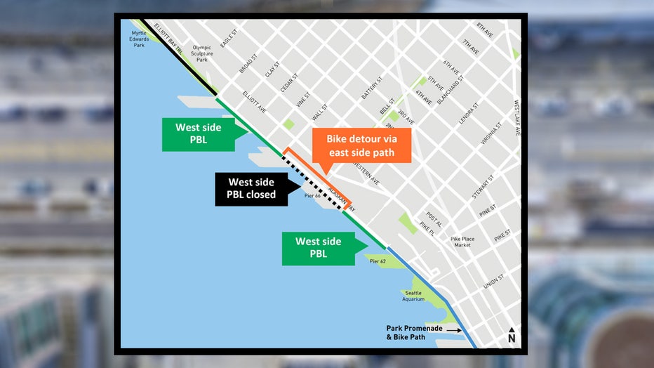 Map showing bike detour from the west side protected bike lane to the multi-use trail on the east side of Alaskan Way, between Blanchard St and Wall St. This detour will be in place on sailing days during cruise operations.