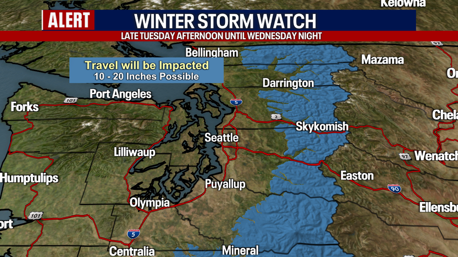 A map showing the areas where the NWS has issued a Winter Storm Watch