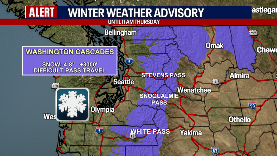 Seattle weather will support accumulating mountain snow overnight into Thursday morning.