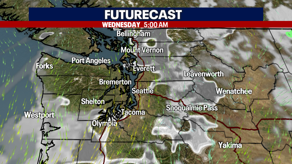Overnight fog developing in Puget Sound lowlands.