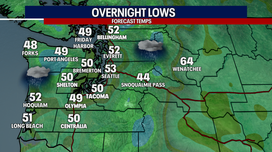 A map showing the overnight low temperatures in Western Washington on Friday morning.