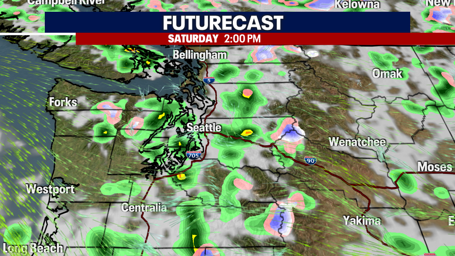 A map showing the clouds and rain forecast for Saturday afternoon in Western Washington.