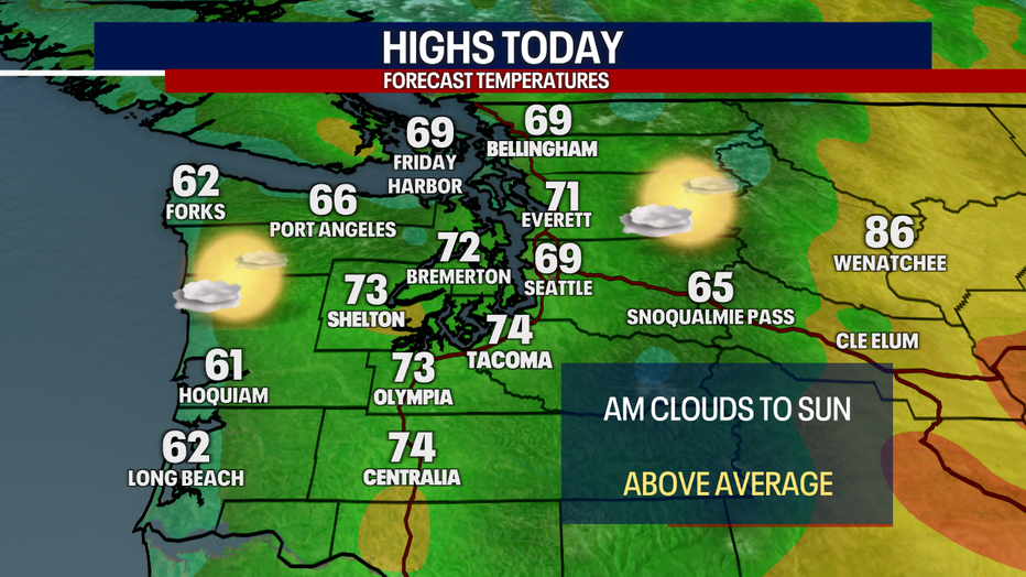 Forecast highs around the region on Sunday.