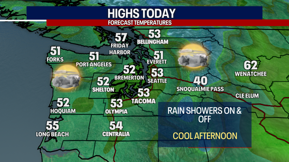 A map showing the forecast for Saturday in Western Washington.