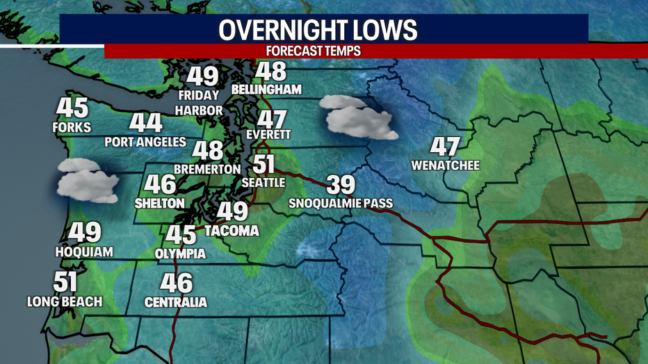 Pleasant night with lows near 50 degree.