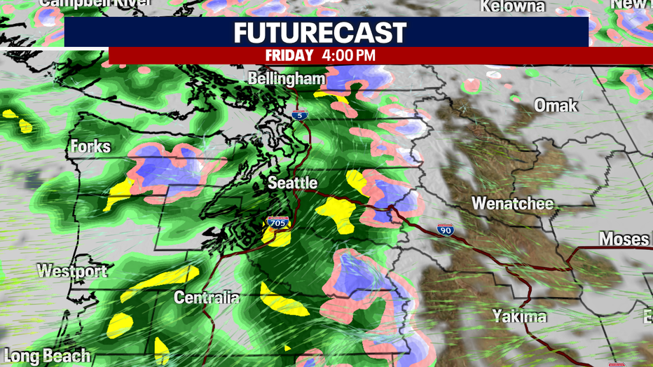 A map showing the forecast rain and cloud cover on Friday in Western Washington.