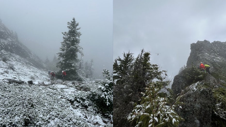 EF&R, along with @BvueFD Medics, @SeattleMtRescue , @KCSAR , and @kingcosoPIO Guardian One, worked through the hail and snow this afternoon to rescue a critically injured hiker who had fallen on Haystack Rock on Mt. Si. Trail rescues take an incredible amount of coordination between agencies and a massive effort from rescuers. Please be prepared for inclement weather when hiking in our region, as the weather can change quickly at high elevations.