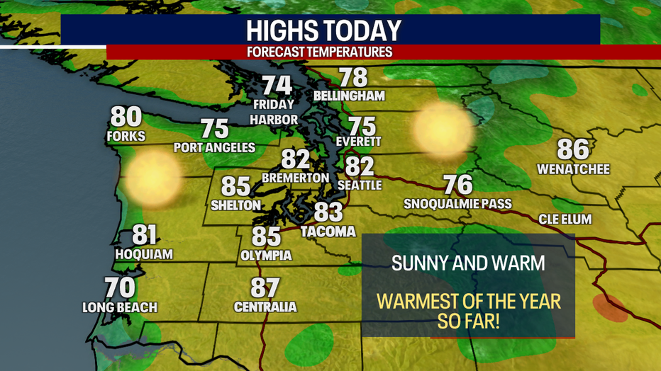The forecasted high temperatures on Sunday for Western Washington.
