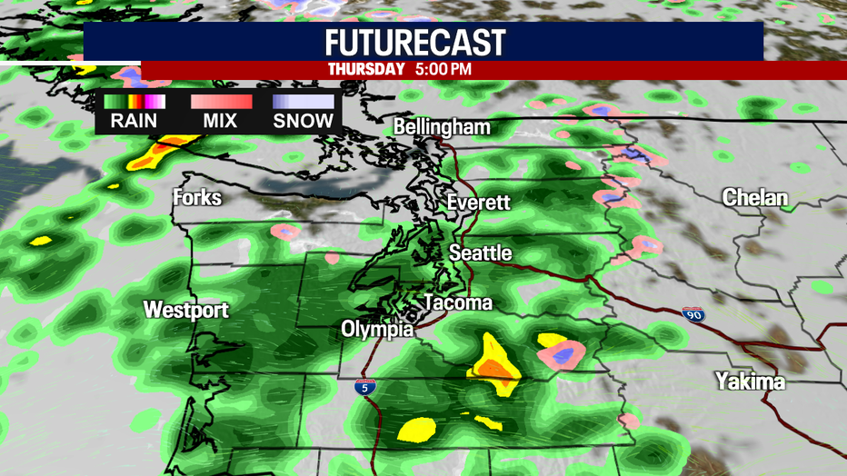 Seattle weather keeps scattered showers around Thursday with occasional heavier pockets and locally breezy conditions at times.