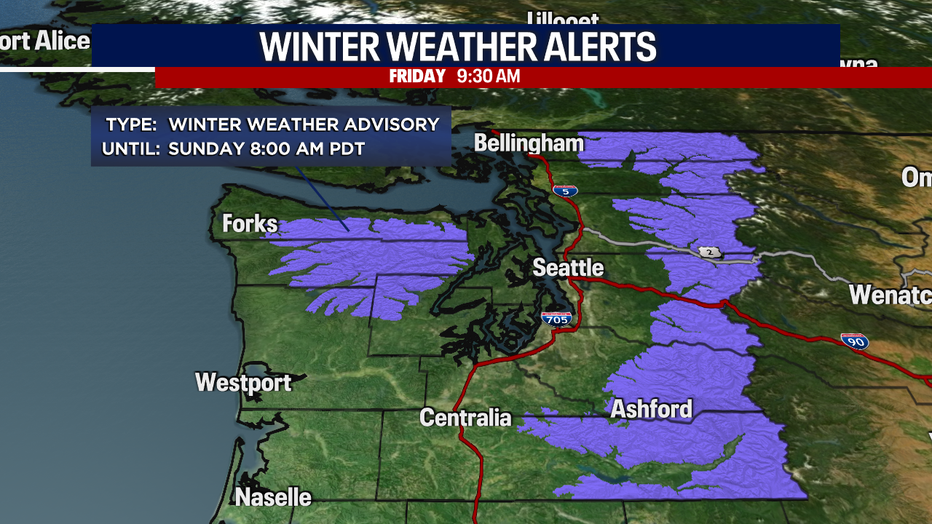 A Winter Weather Advisory has been issued through Sunday at 8 a.m. for the Olympics and Cascades, and Seattle weather will stay unsettled as snow levels hover near 4,000 feet with 4 to 6 inches of accumulation possible at higher elevations.