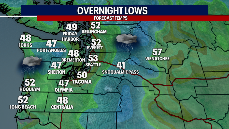 A map showing the overnight lows in Western Washington.