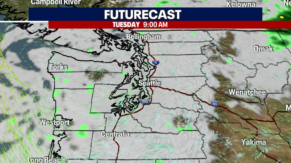 A map showing the cloud and rain forecast for Western Washington Tuesday morning.