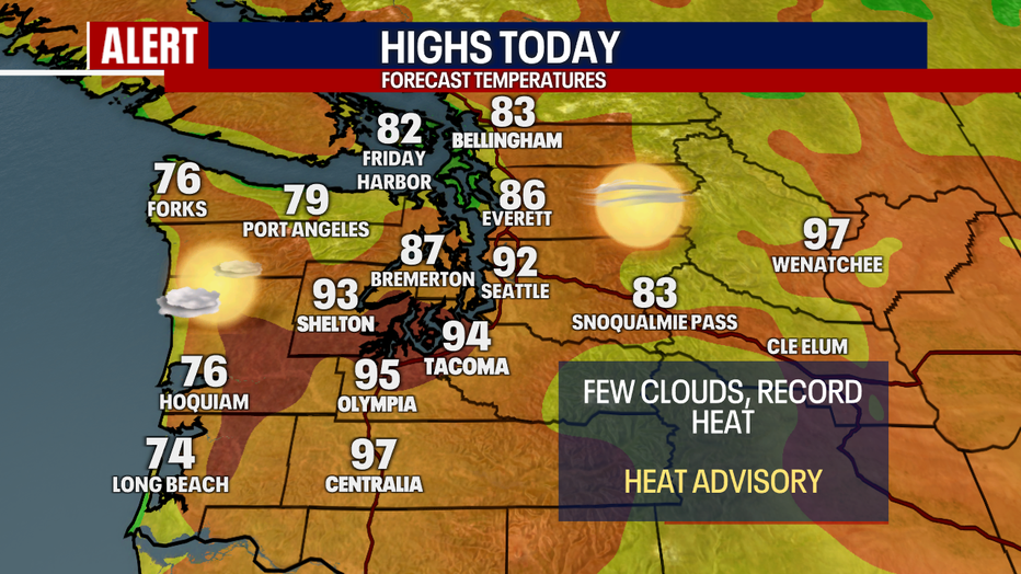 Forecast highs around Western Washington on Monday.