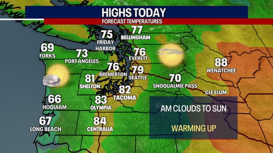 Forecast highs around Western Washington on Sunday.