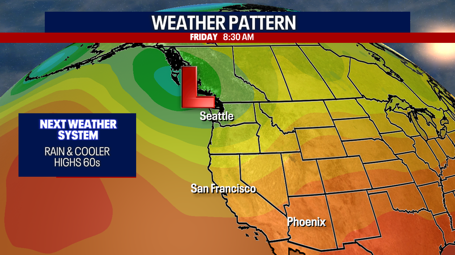 A map showing the weather pattern on Friday on the west coast of the USA.