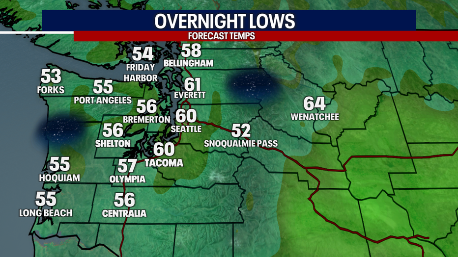 The overnight lows forecast for Tuesday night in Western Washington.