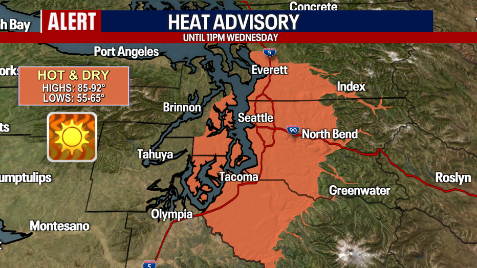 The Heat Advisory for Western Washington continues through 11pm Wednesday.