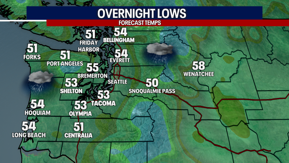 A map showing the overnight lows in Western Washington.