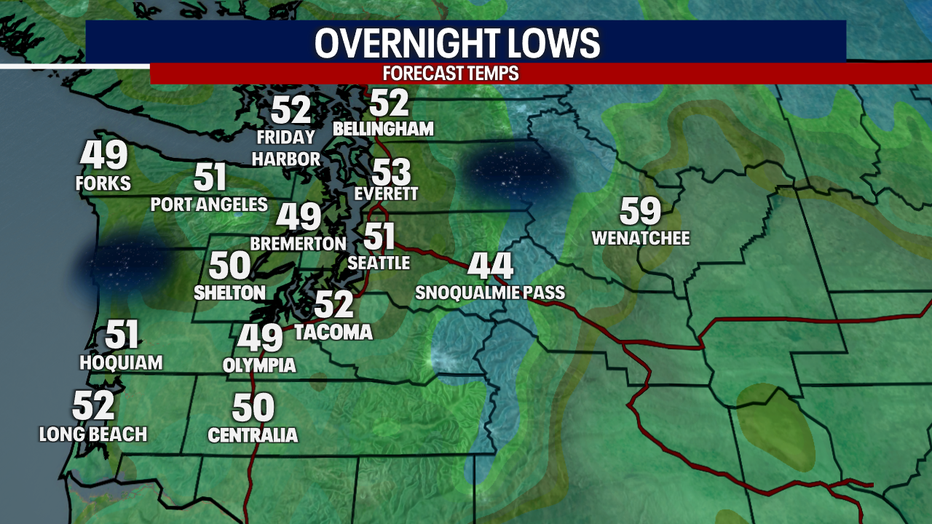 A map showing the overnight lows in Western Washington Friday night.