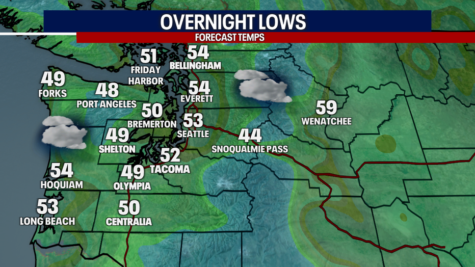 A map showing the overnight lows in Western Washington on Monday night.