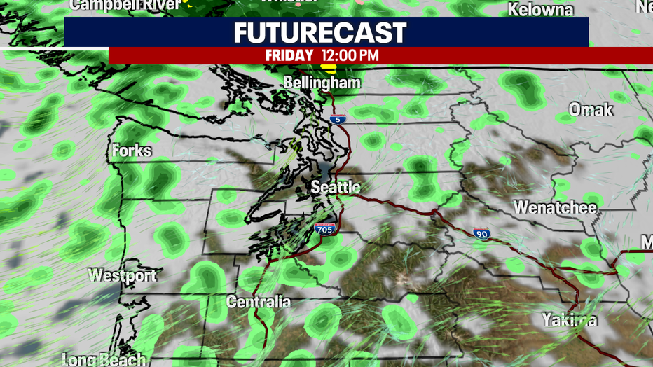 A map showing the cloud and rain forecast for Friday midday.