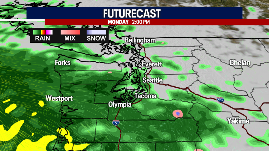 Seattle weather futurecast shows rain spreading north and becoming steady and soaking across the region Monday afternoon.