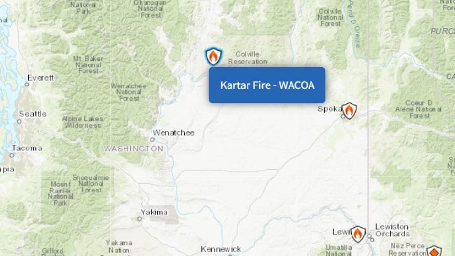 The Kartar Fire is burning south and east of Omak Lake on the Colville Reservation, about 15 miles southeast of Omak.