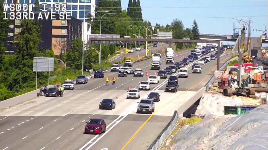 First responders at the scene of a fatal motorcycle crash in Bellevue along I-90 westbound on June 14, 2026 (Source: WSDOT)