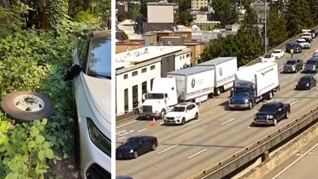Runaway tire from I-5 semi-truck crash narrowly misses pedestrians in Eastlake