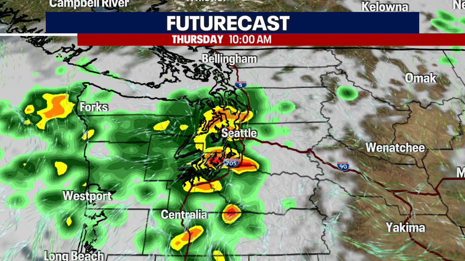 A map showing the clouds and rain forecast on Thursday morning.