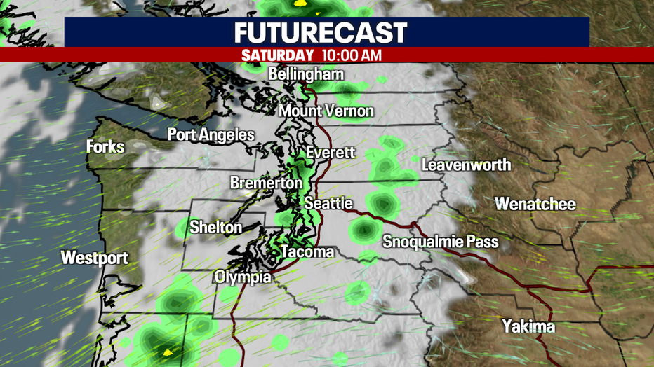 By about 10 am, the rain will make its way further inland and the Seattle area could see showers or sprinkles early in the day. 