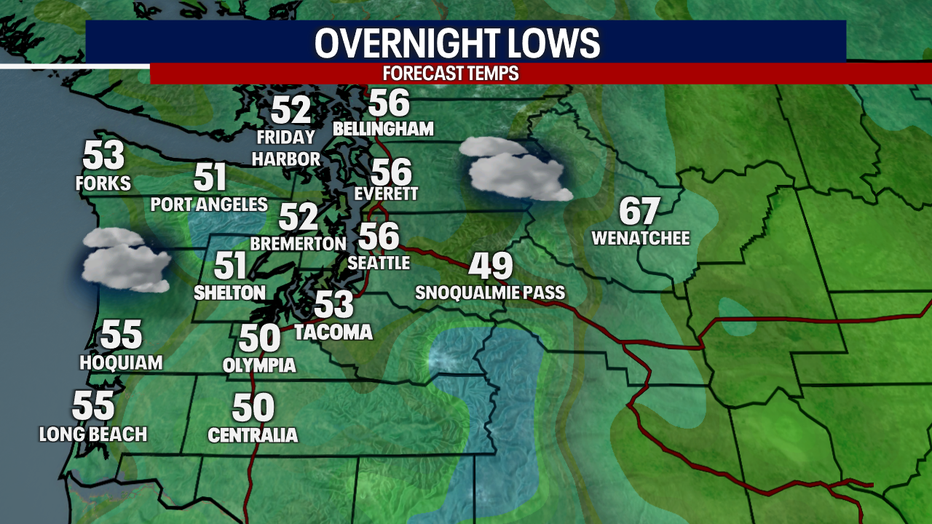 A map showing the overnight lows forecast for Friday morning in Western Washington.