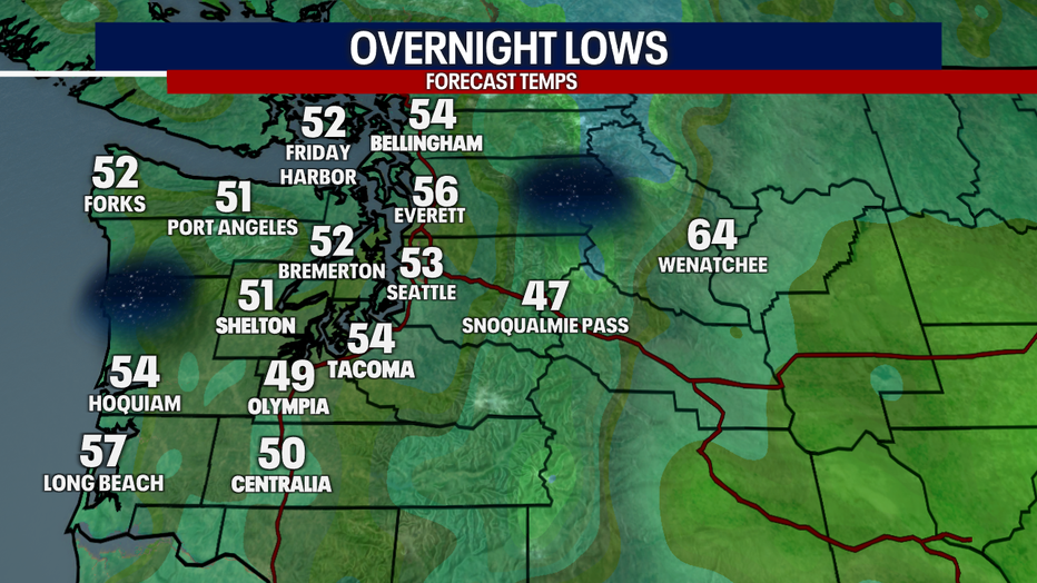 A map showing the overnight low forecast for early Friday morning.