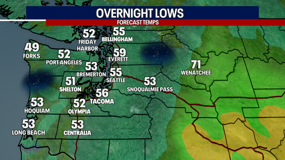 A map showing the overnight lows in Western Washington Tuesday night.
