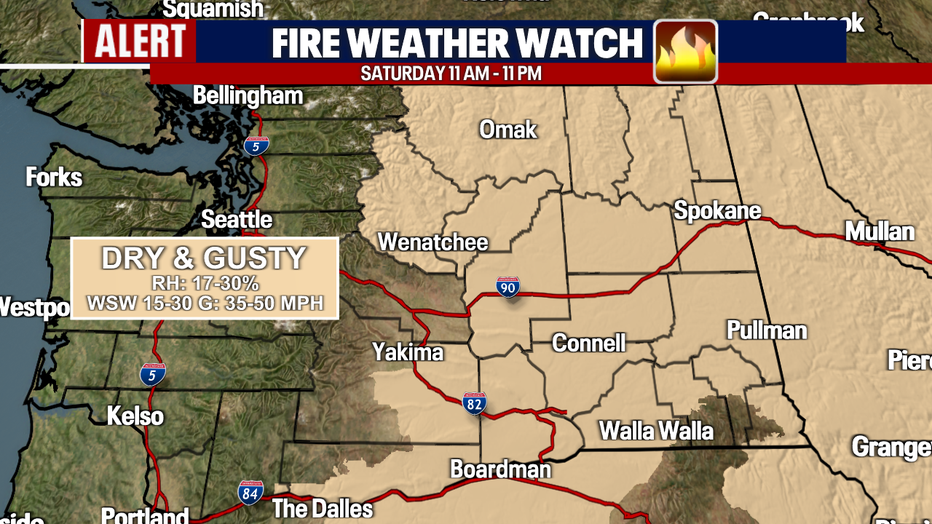 A map showing the counties where a Fire Weather Watch is issued in Washington State.