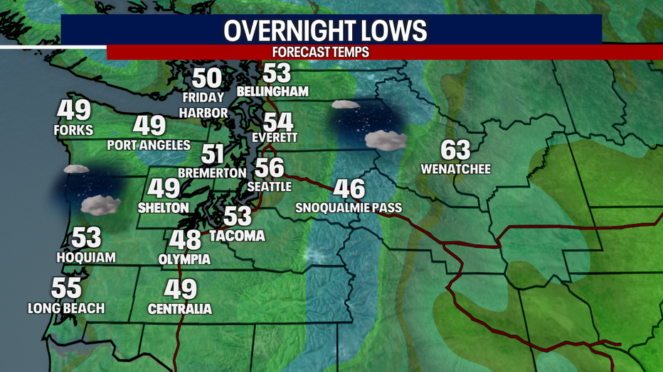A map showing the overnight low forecast for early Thursday morning.