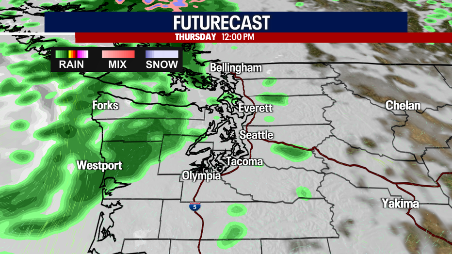 Seattle weather stays mainly dry Thursday, although Futurecast shows a few light showers brushing the coast, Olympic Peninsula, and North Sound.