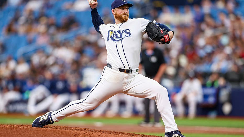 ST PETERSBURG, FLORIDA - JUNE 28: Drew Rasmussen #57 of the Tampa Bay Rays pitches in the top of the third inning against the Arizona Diamondbacks at Tropicana Field on June 28, 2026 in St Petersburg, Florida.