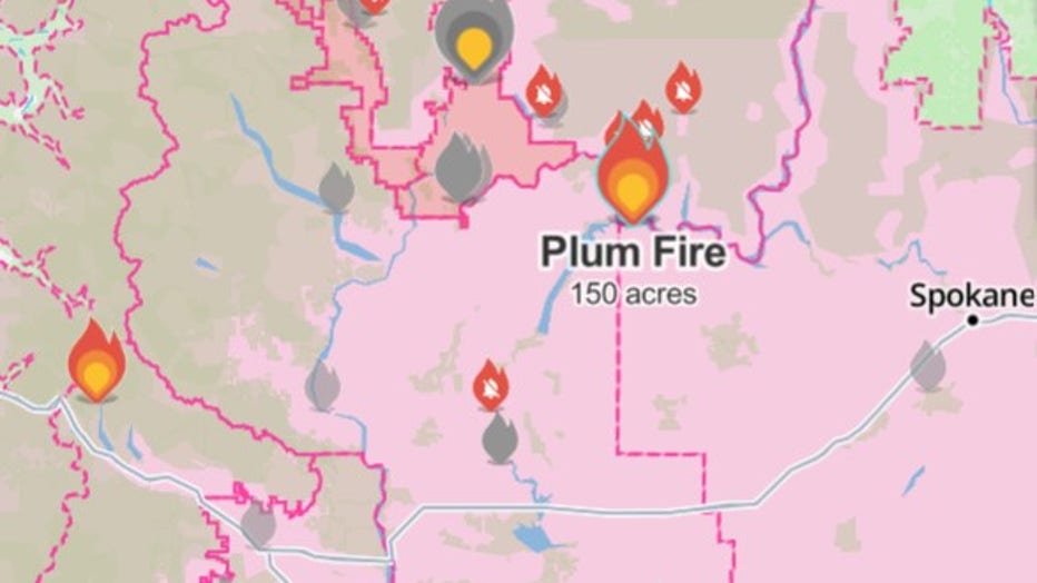 A 150-acre wildfire sparked in Lincoln County, Washington on Wednesday, July 15. It's being called the Plum Fire, burning near the city of Grand Coulee. State fire mobilization has been authorized for the Plum Fire, which officials say is threatening homes and power lines. The fire began around 5:30 p.m. and is burning wheatgrass and sagebrush. No evacuations are in effect at this time. The cause of the fire is under investigation.