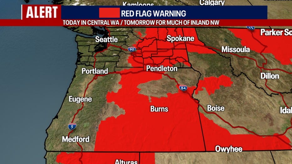 Today, a Red Flag Warning is posted for portions of Central Washington and Eastern Oregon due to dry air and gusts to 30-35 mph. This could fuel existing fires. If any new fires start, they have the possibility of spreading rapidly.  