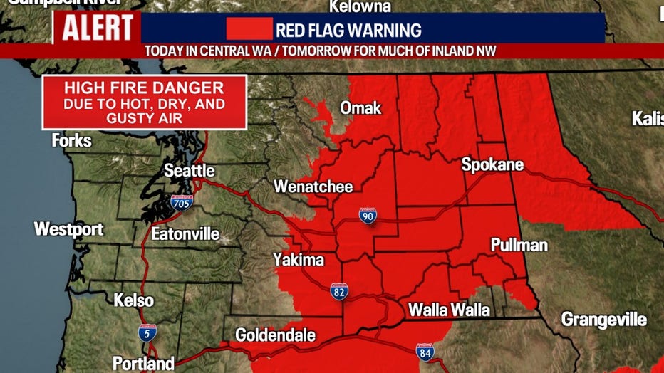 Today, a Red Flag Warning is posted for portions of Central Washington and Eastern Oregon due to dry air and gusts to 30-35 mph. This could fuel existing fires. If any new fires start, they have the possibility of spreading rapidly. A more widespread threat develops across much of the Inland Northwest on Saturday. Tomorrow, the Red Flag Warning encompasses a greater area — enveloping Eastern Washington and Oregon. Winds Saturday could be more forceful in Eastern Washington, reaching 40 mph. Fire danger will still be elevated on Sunday and thereafter. In Western Washington, we're tracking good air quality and lower fire danger into the weekend with moderate warmth, cloudier skies and a small chance of isolated showers Saturday and Sunday.