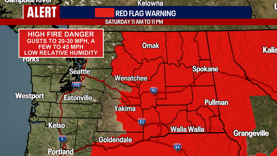 Red Flag warnings will be in effect Saturday for parts of Central and Eastern Washington due to continued heat, low humidity and windy conditions. 