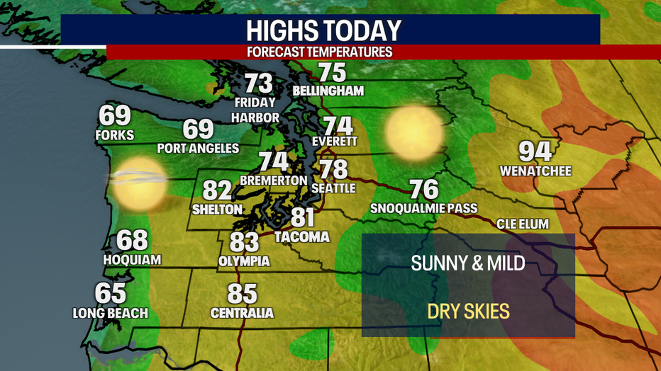 Forecast highs around the region on Monday.