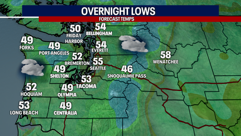 A map showing the overnight low temperatures in Seattle Friday night.