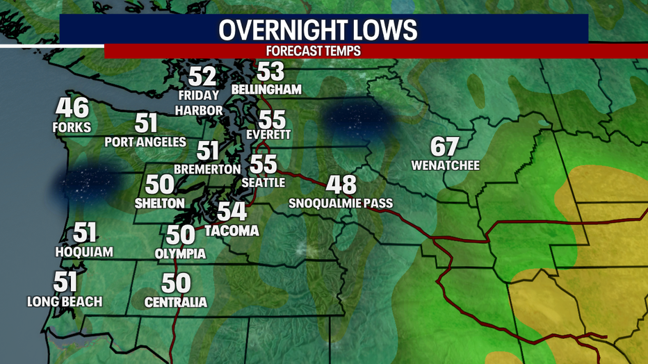 A map showing the overnight lows in Western Washington Monday night.