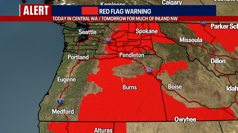 Tomorrow, the Red Flag Warning encompasses a greater area — enveloping Eastern Washington and Oregon.