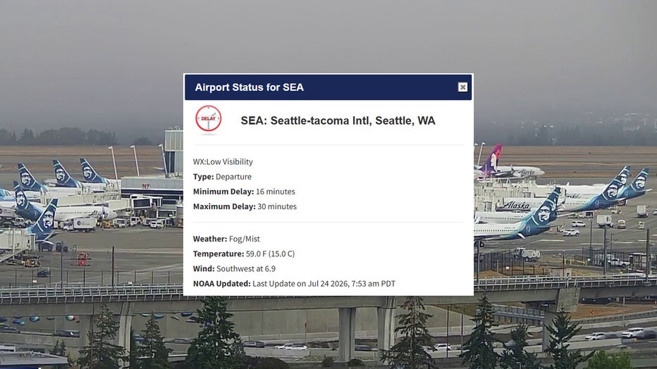 Heavy fog and mist prompted a temporary ground stop for departing flights at Seattle-Tacoma International Airport on Friday morning. The low visibility caused initial departure delays ranging between 16 and 30 minutes, according to the Federal Aviation Administration. Air traffic alerts indicated the ground stop was scheduled until 9:30 a.m., with passengers advised to check directly with airlines for updates.